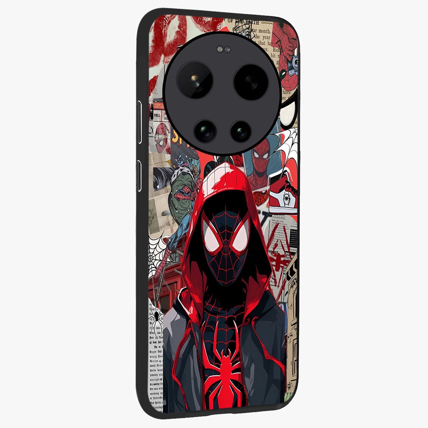 Spider Collage Street Glass Case upright view showcasing bold superhero artwork with urban street theme.