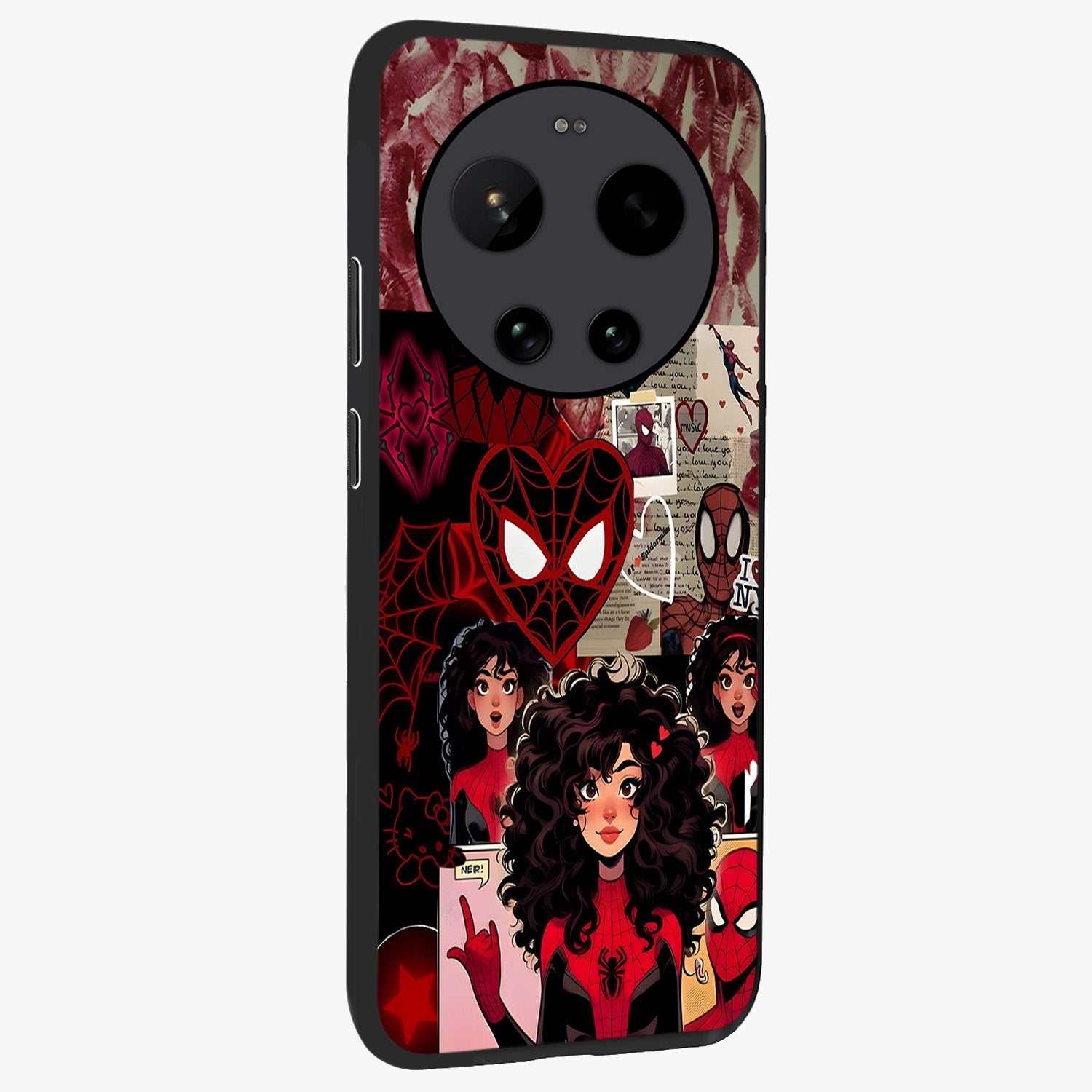 Spider Love Story Glass Case upright view showcasing charming superhero artwork with romantic comic theme.