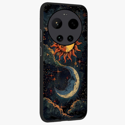 Sun And Moon Magic Design Glass Case upright view showcasing decorative sun and moon artwork with spiritual celestial theme.