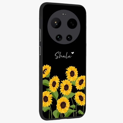 Sunflower Chic Mood Custom Name Glass Case upright view showcasing cheerful sunflower artwork with trendy floral theme.
