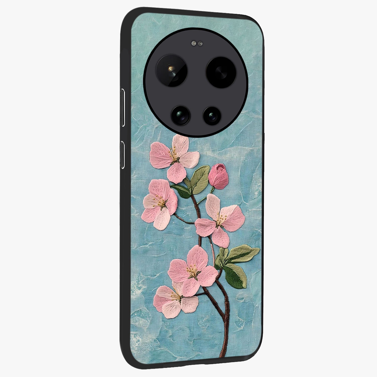 Threaded Blossom Breeze Glass Case upright view showcasing graceful flower artwork with calm botanical theme.