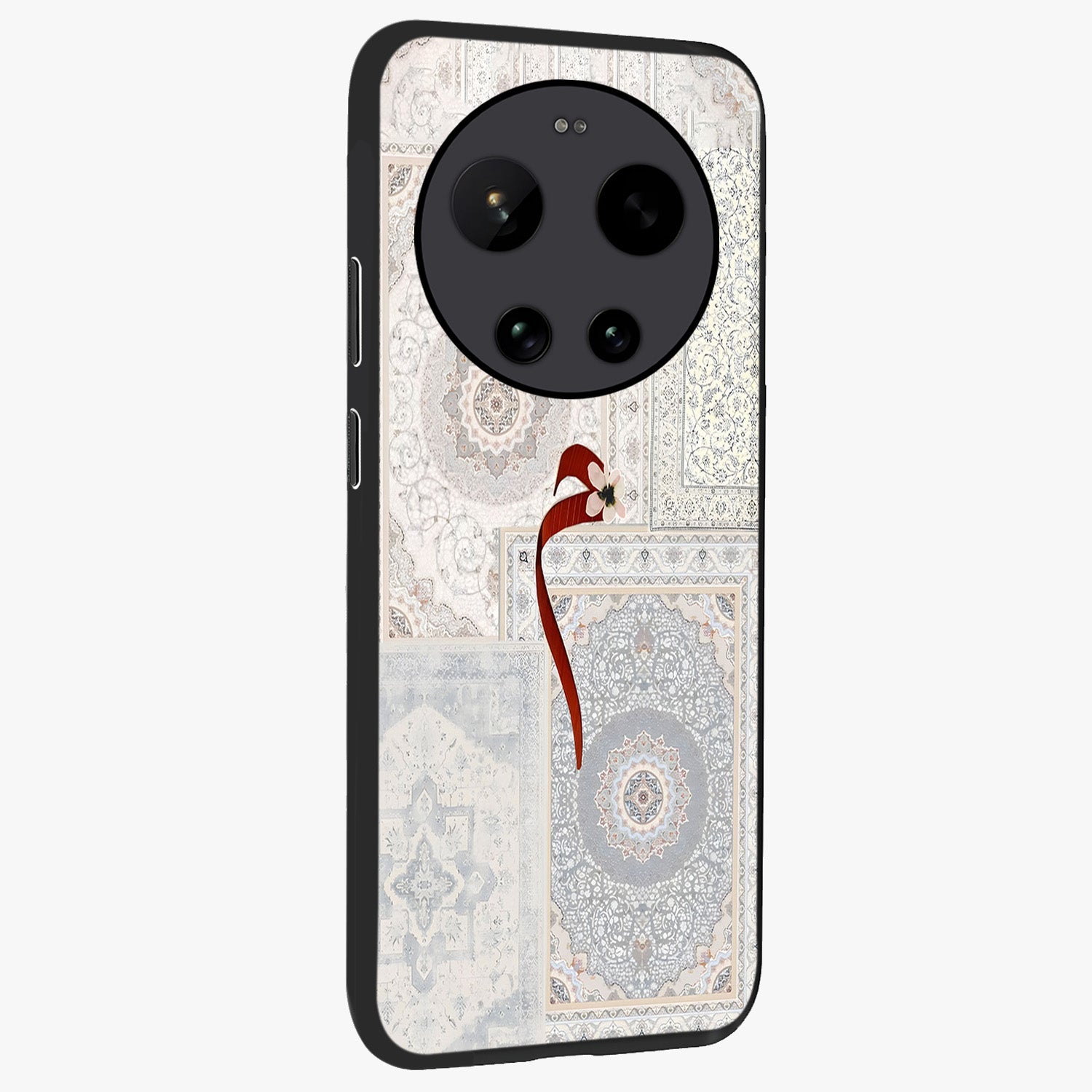 White Aesthetic Bow Glass Case upright view showcasing delicate ribbon bow artwork with cute minimalist theme.