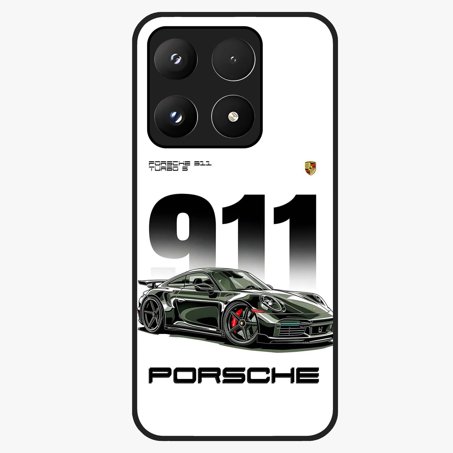 911 Turbo Dominance Glass Case showing clean flat back view with bold 911 sports car artwork and glossy glass finish.