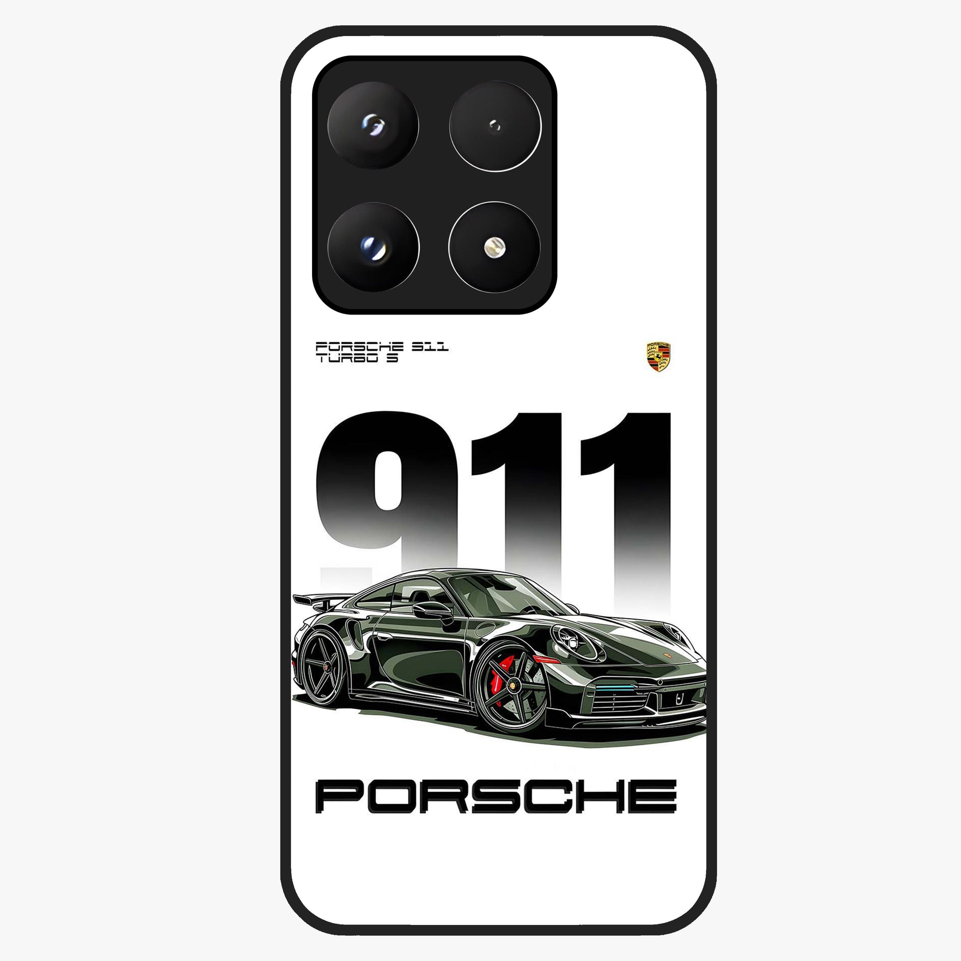 911 Turbo Dominance Glass Case showing clean flat back view with bold 911 sports car artwork and glossy glass finish.