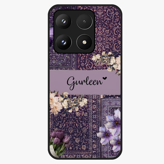 Antique Floral Whisper Custom Name Glass Case showing flat back view with vintage floral artwork and personalized name design.