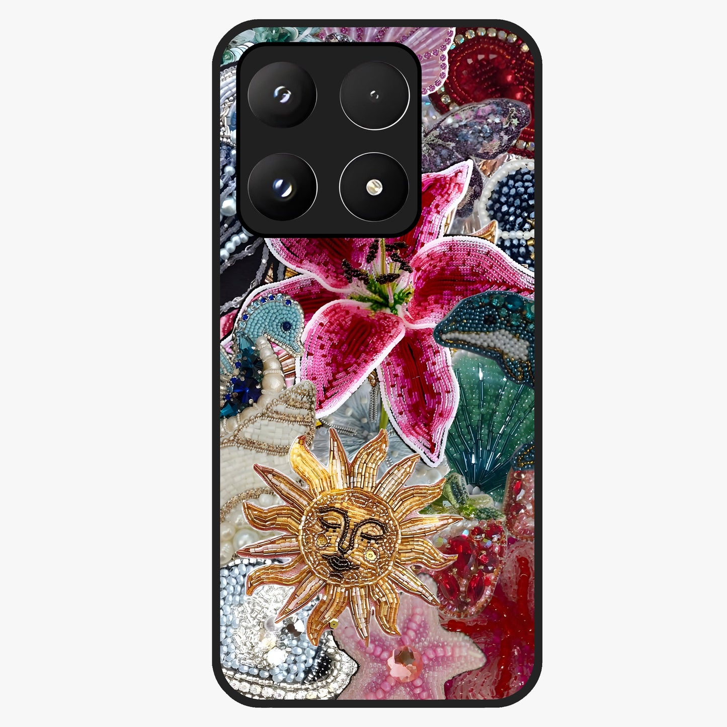 Beaded Garden Fantasy Glass Case showing flat back view with dreamy garden bead artwork and glossy glass finish.