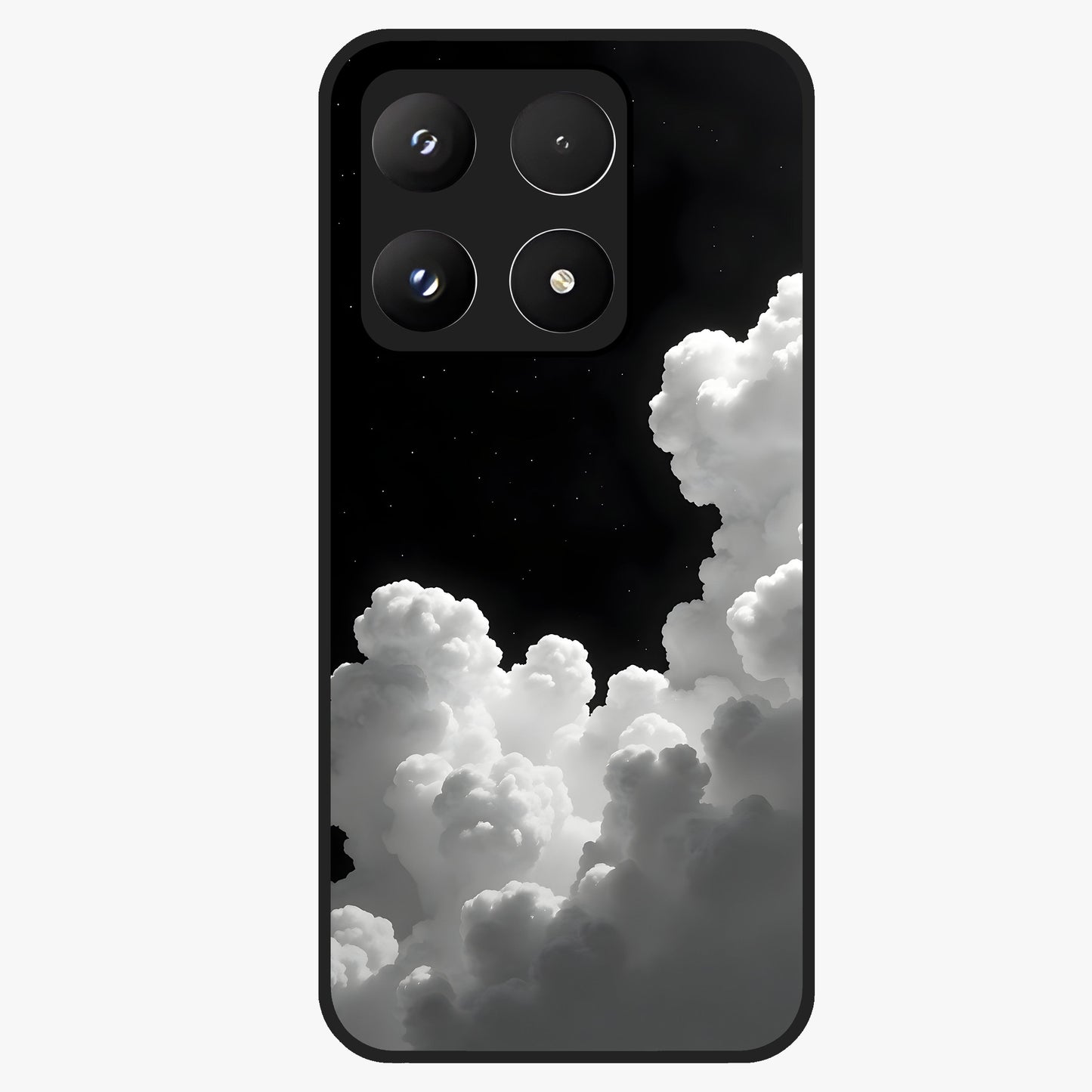 Black Background With White Cloud Glass Case showing flat back view with minimal cloud artwork on dark background and glossy glass finish.