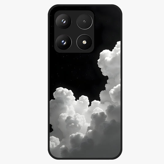 Black Background With White Cloud Glass Case showing flat back view with minimal cloud artwork on dark background and glossy glass finish.