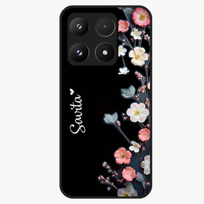 Black Elegance Floral Custom Name Glass Case showing flat back view with elegant floral artwork and personalized name design.