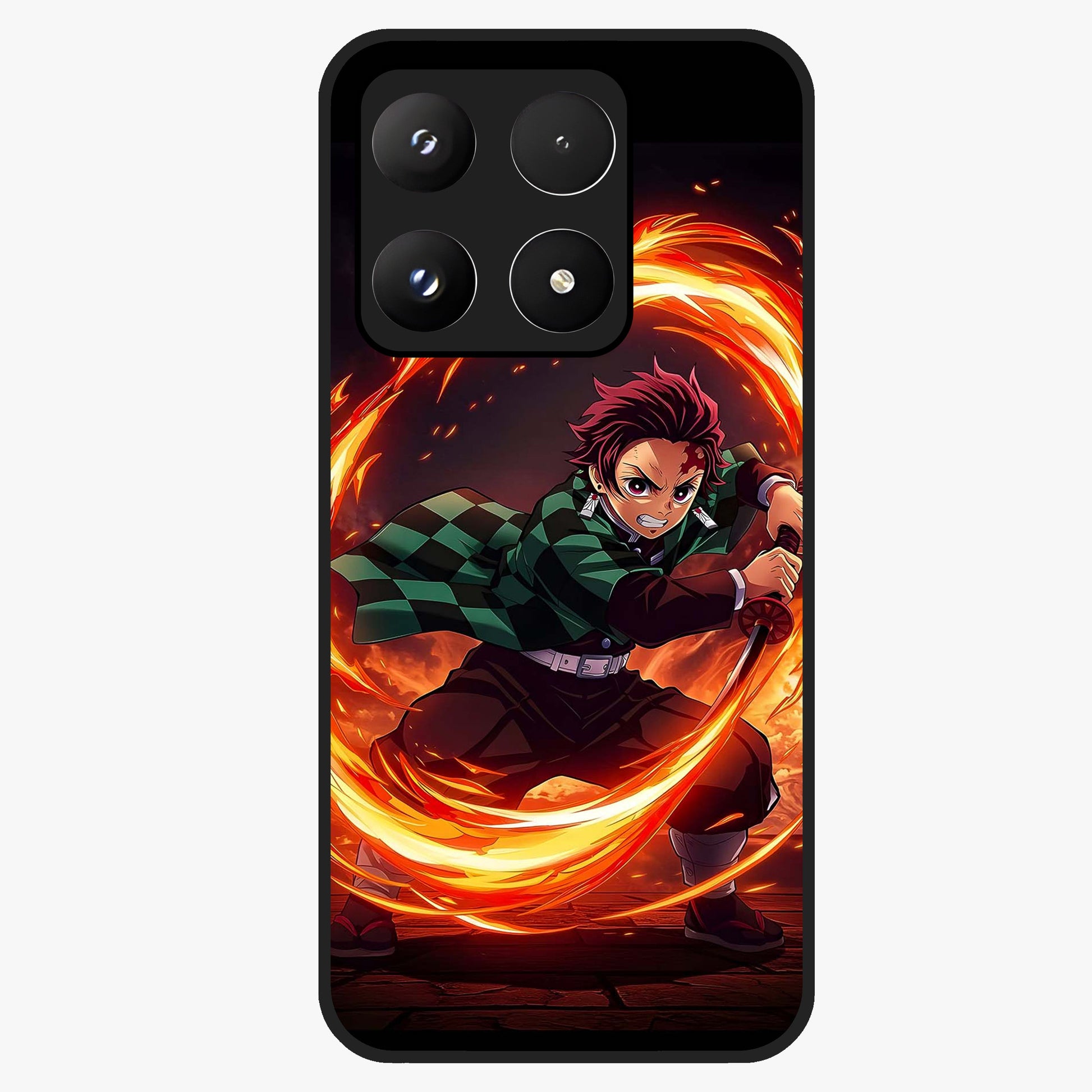 Blazing Sword Resolve Glass Case showing flat back view with fiery sword artwork and glossy glass finish.