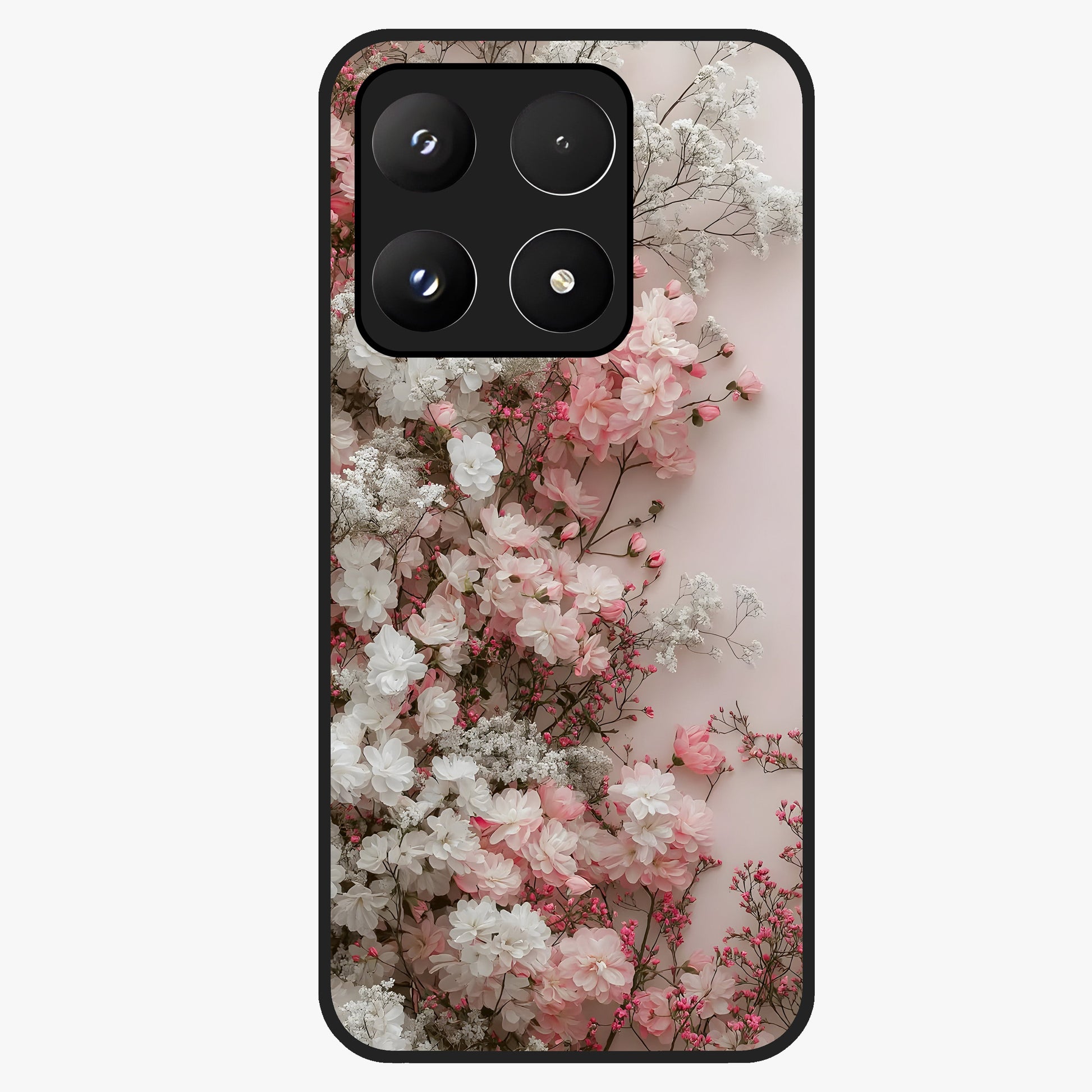 Blush Blossom Cloud Glass Case showing flat back view with dreamy blush cloud blossom artwork and glossy glass finish.