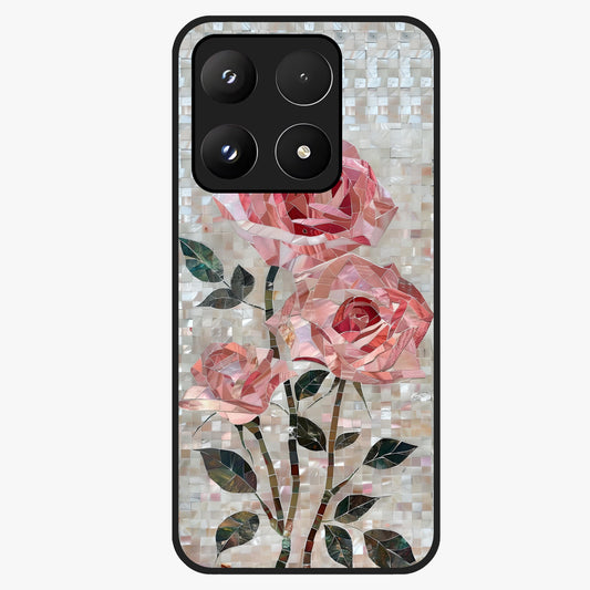 Blush Mosaic Bloom Glass Case showing flat back view with mosaic floral bloom artwork and glossy glass finish.