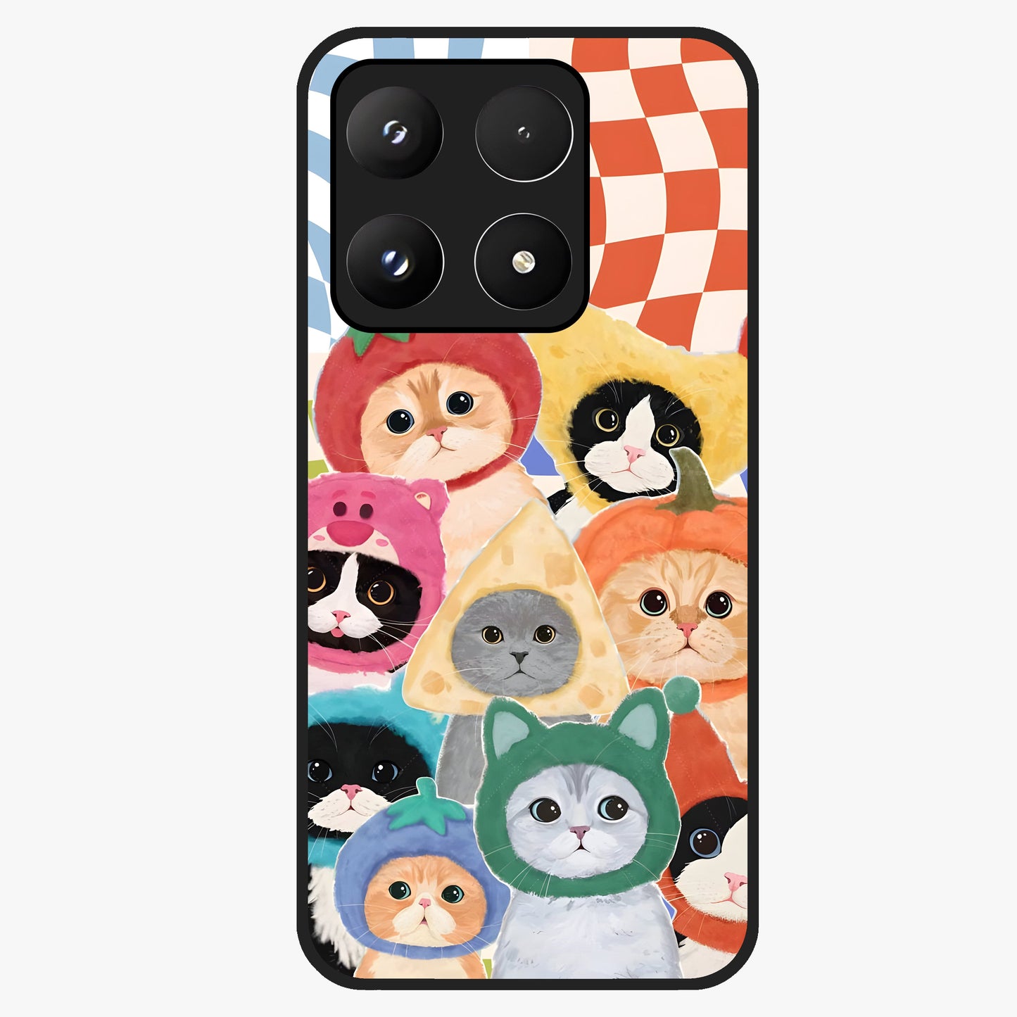 Cats in Fruits Glass Case showing flat back view with playful cat illustrations inside fruit artwork and glossy glass finish.