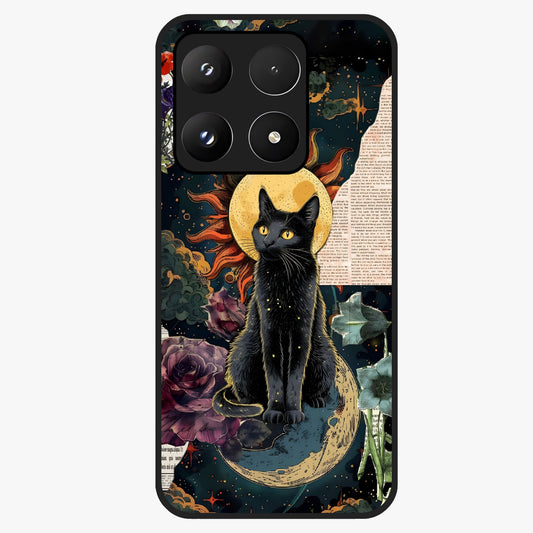 Celestial Black Cat Glass Case showing flat back view with mystical black cat artwork and glossy glass finish.