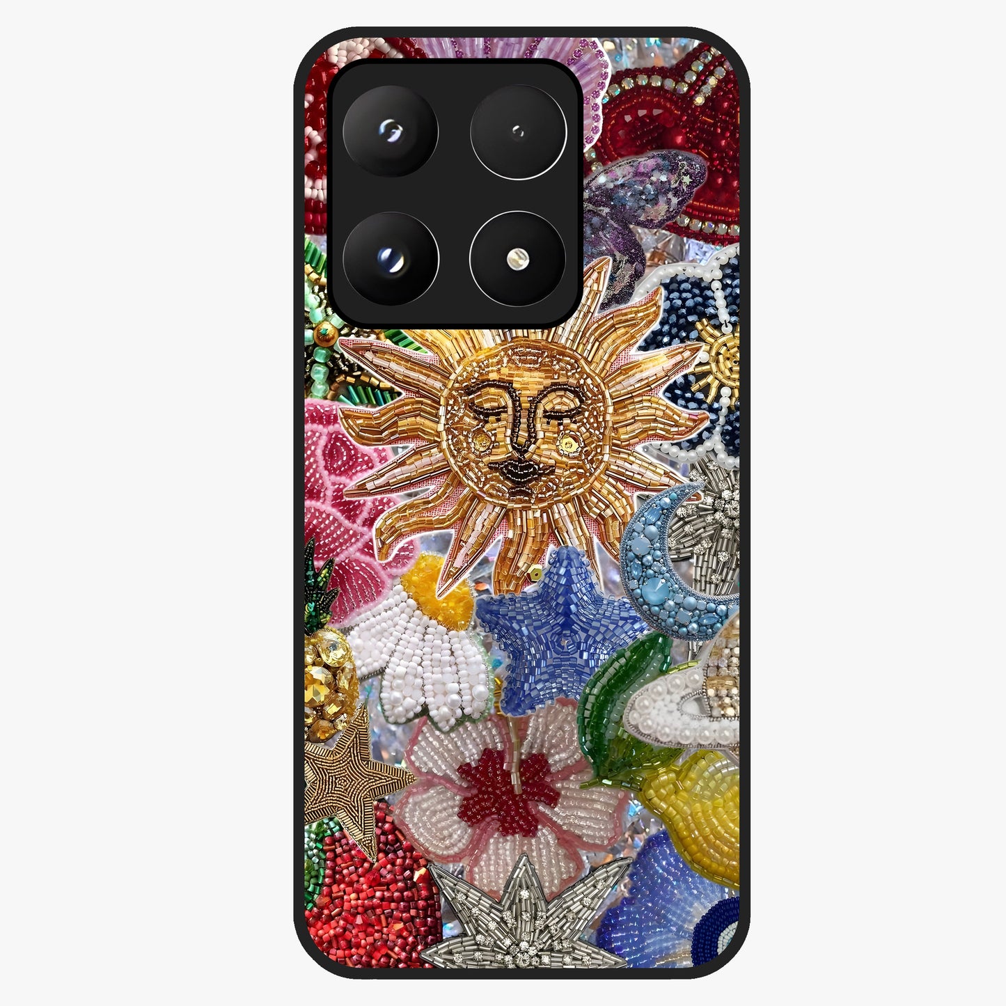 Celestial Floral and Playful Glass Case showing flat back view with floral and celestial themed artwork and glossy glass finish.