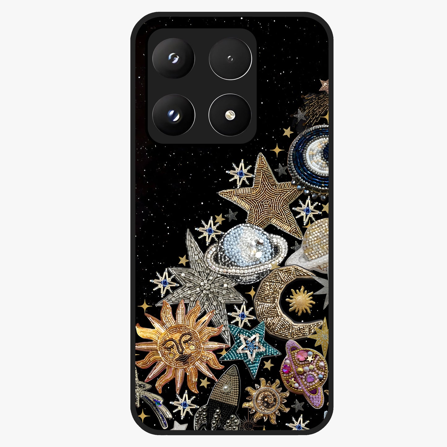 Cosmic Sparkle Dreams Glass Case showing flat back view with sparkling cosmic artwork and glossy glass finish.