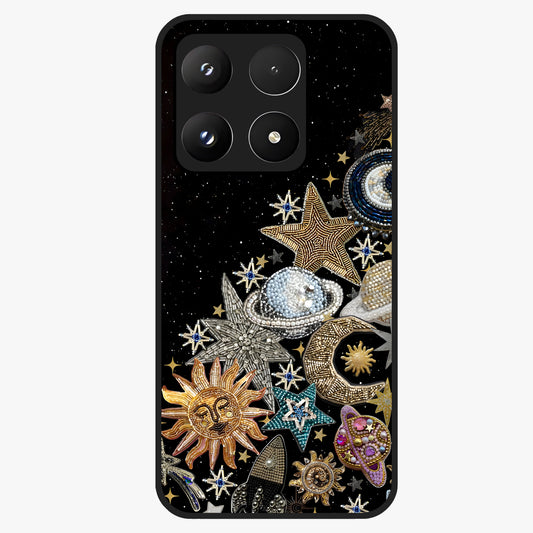 Cosmic Sparkle Dreams Glass Case showing flat back view with sparkling cosmic artwork and glossy glass finish.