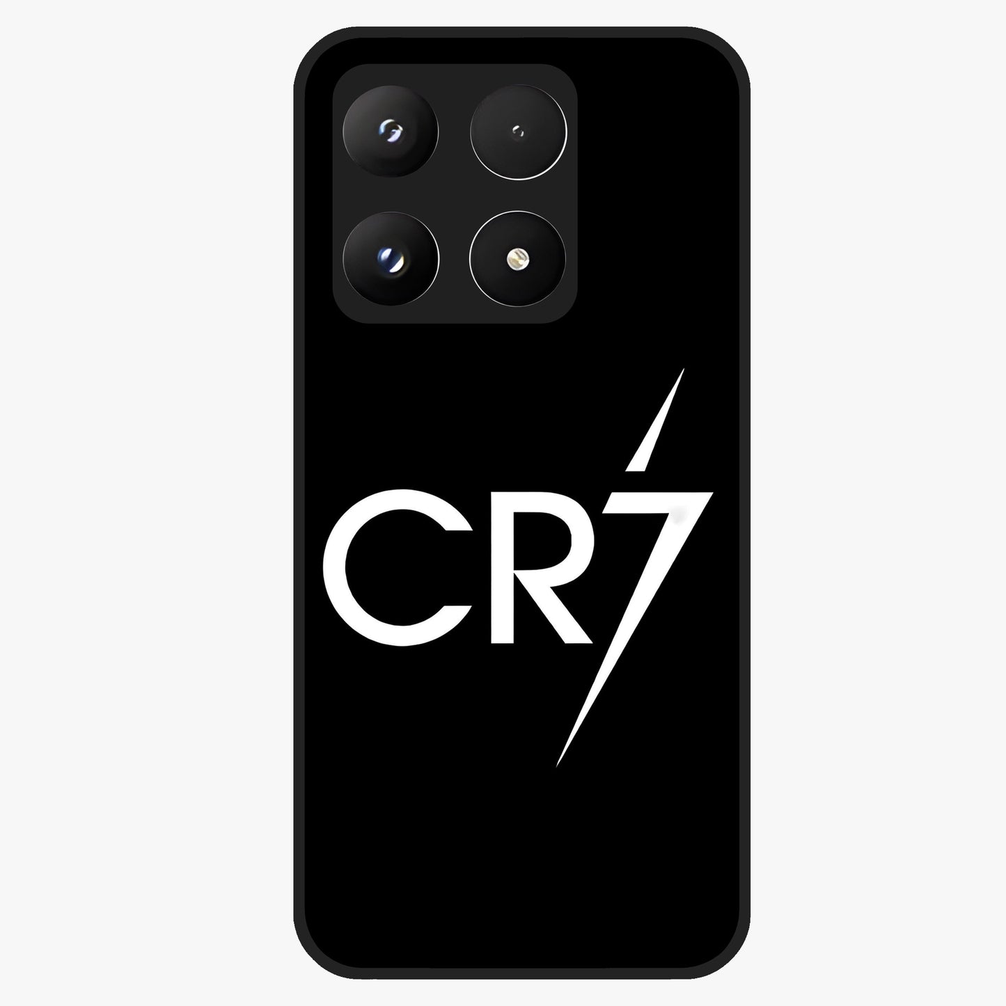 Cr7 Elite Strike Glass Case showing flat back view with dynamic football inspired artwork and glossy glass finish.