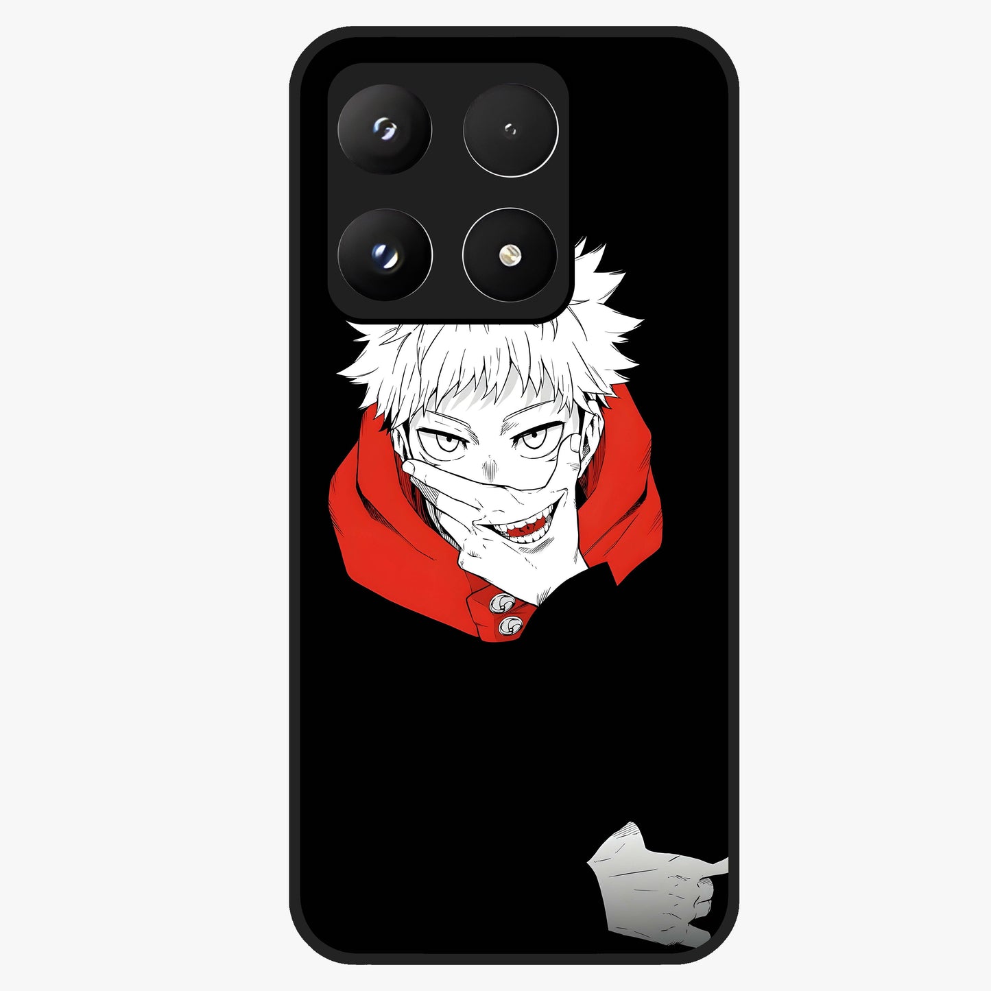 Crimson Chaos Smile Glass Case showing flat back view with bold chaotic smile artwork and glossy glass finish.