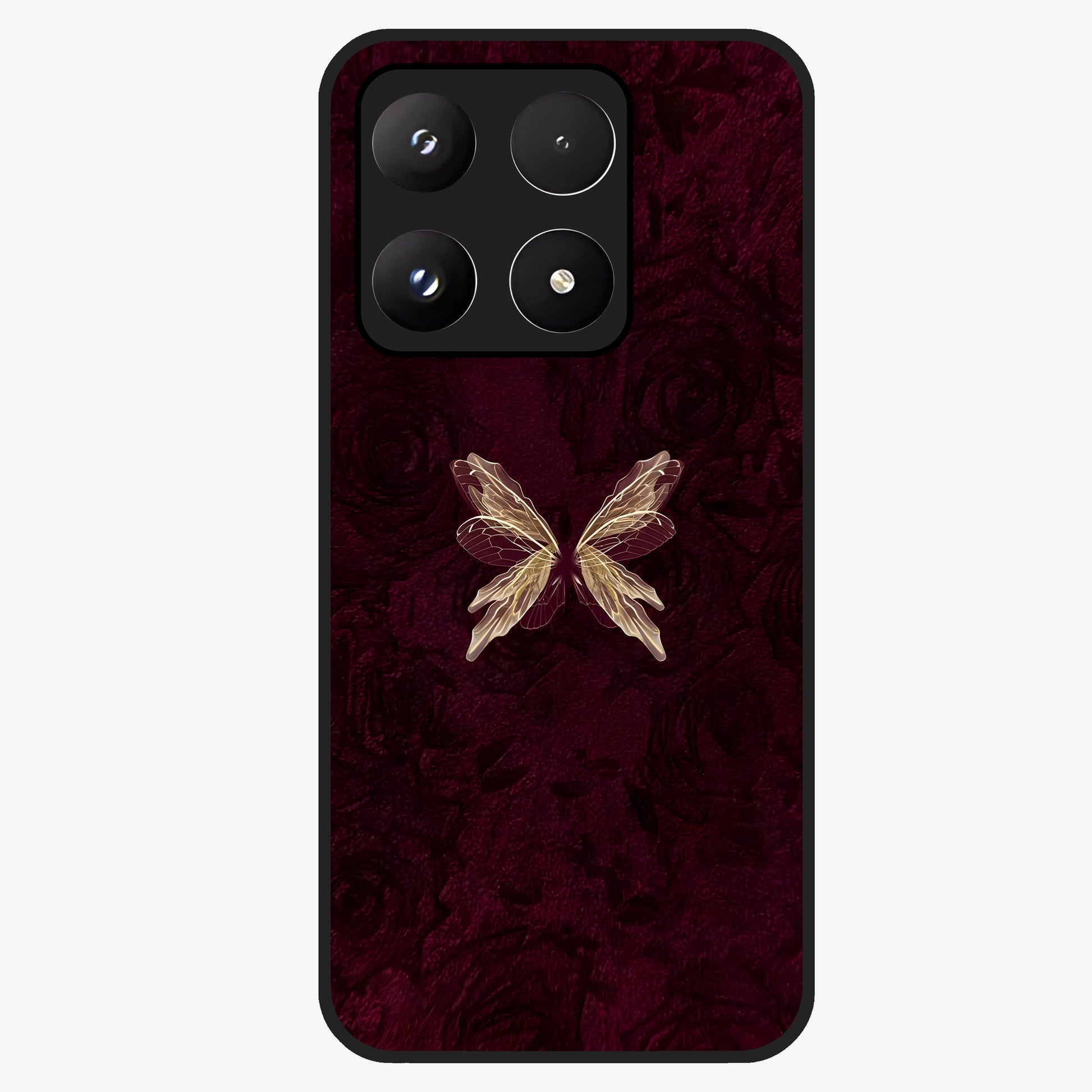Crimson Fade Butterfly Glass Case showing flat back view with fading butterfly artwork and glossy glass finish.