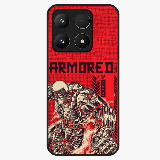 Crimson Mecha Titan Glass Case showing flat back view with powerful mech titan artwork and glossy glass finish.