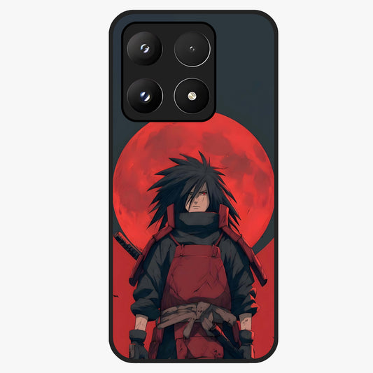 Crimson Moon Warlord Glass Case showing flat back view with mystical moon warrior artwork and glossy glass finish.
