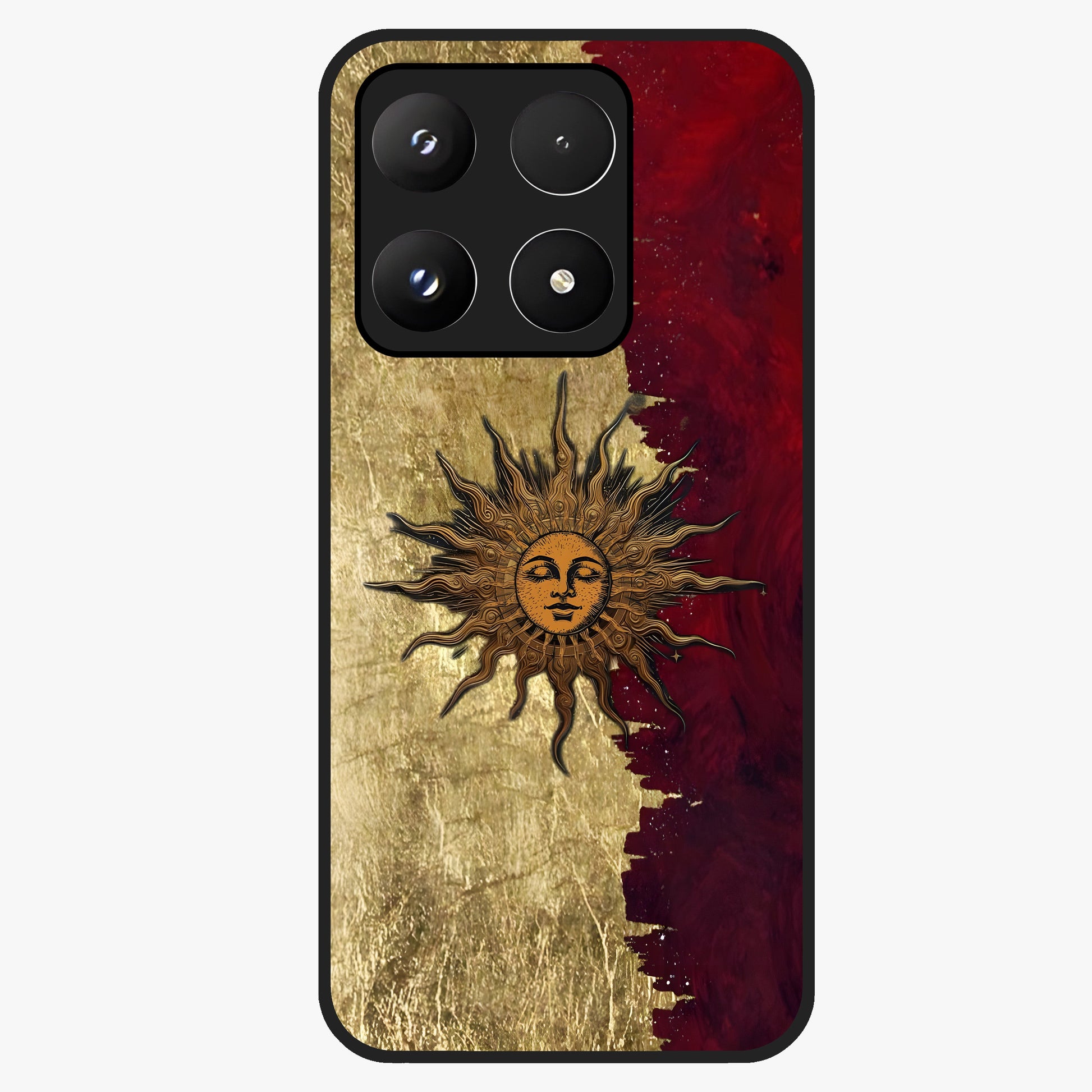 Crimson Sun Majesty Glass Case showing flat back view with radiant sun inspired artwork and glossy glass finish.