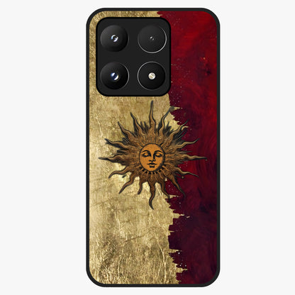 Crimson Sun Majesty Glass Case showing flat back view with radiant sun inspired artwork and glossy glass finish.