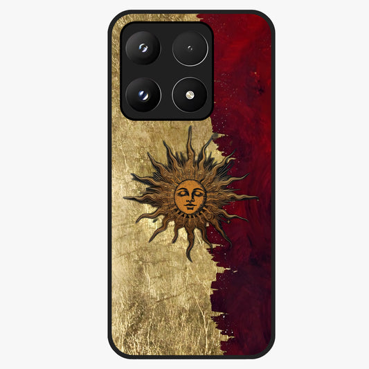 Crimson Sun Majesty Glass Case showing flat back view with radiant sun inspired artwork and glossy glass finish.