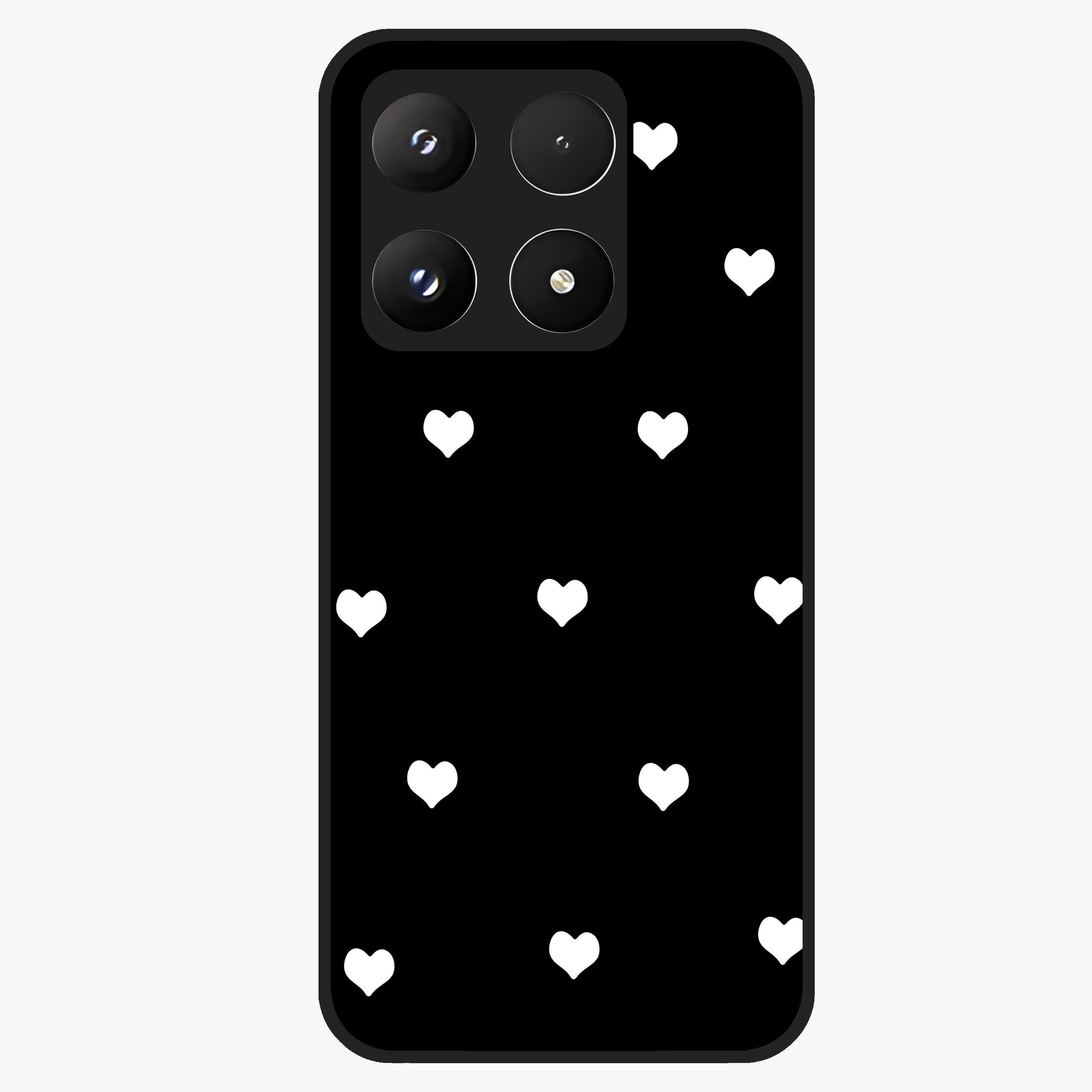 Cute And Simple White Hearts Glass Case showing flat back view with minimal white heart pattern and glossy glass finish.
