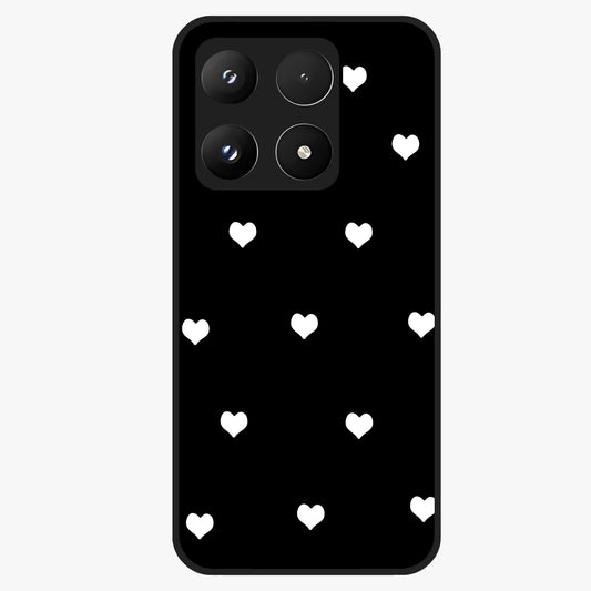 Cute And Simple White Hearts Glass Case showing flat back view with minimal white heart pattern and glossy glass finish.