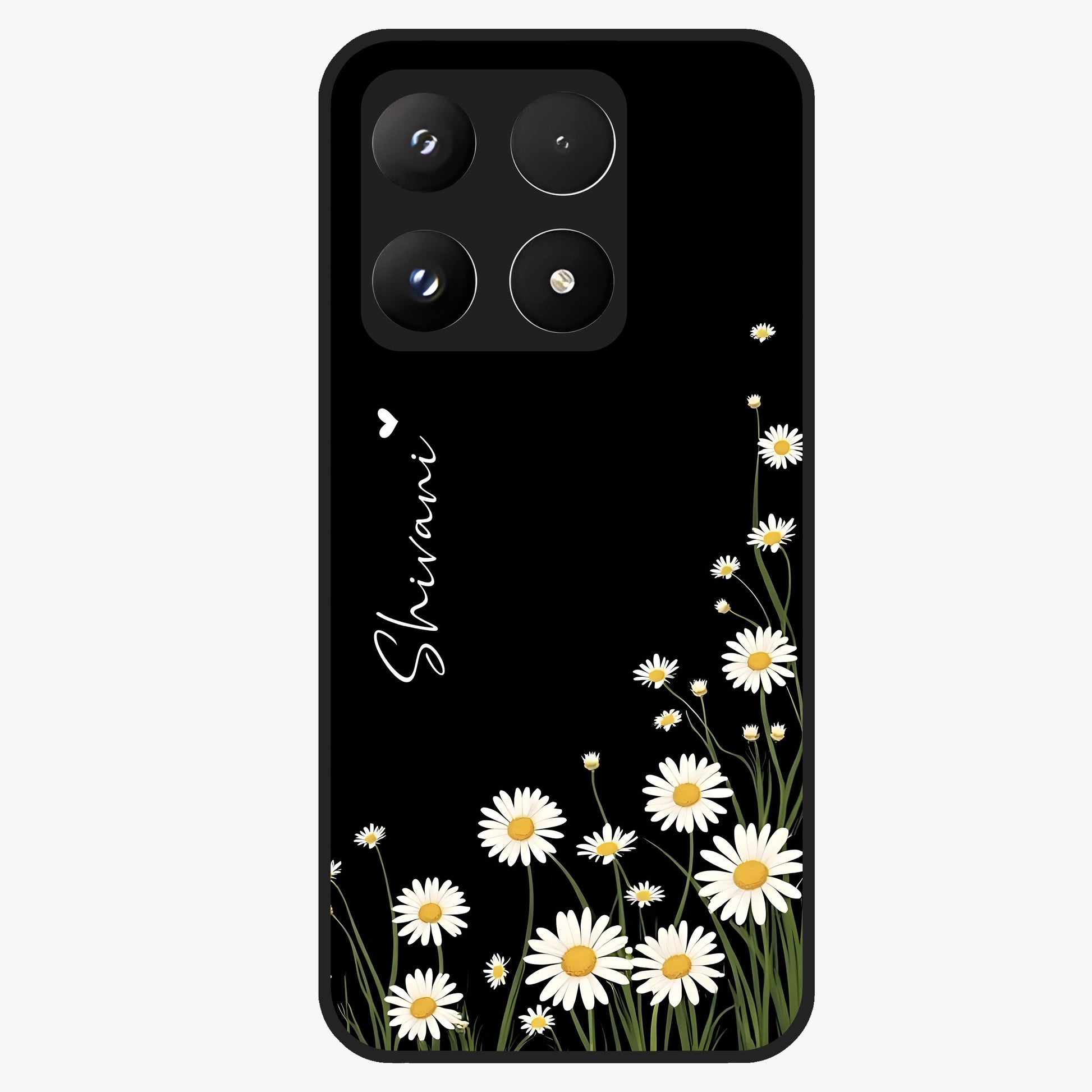 Daisy Cascade Custom Name Glass Case showing flat back view with cascading daisy flowers and personalized name design.