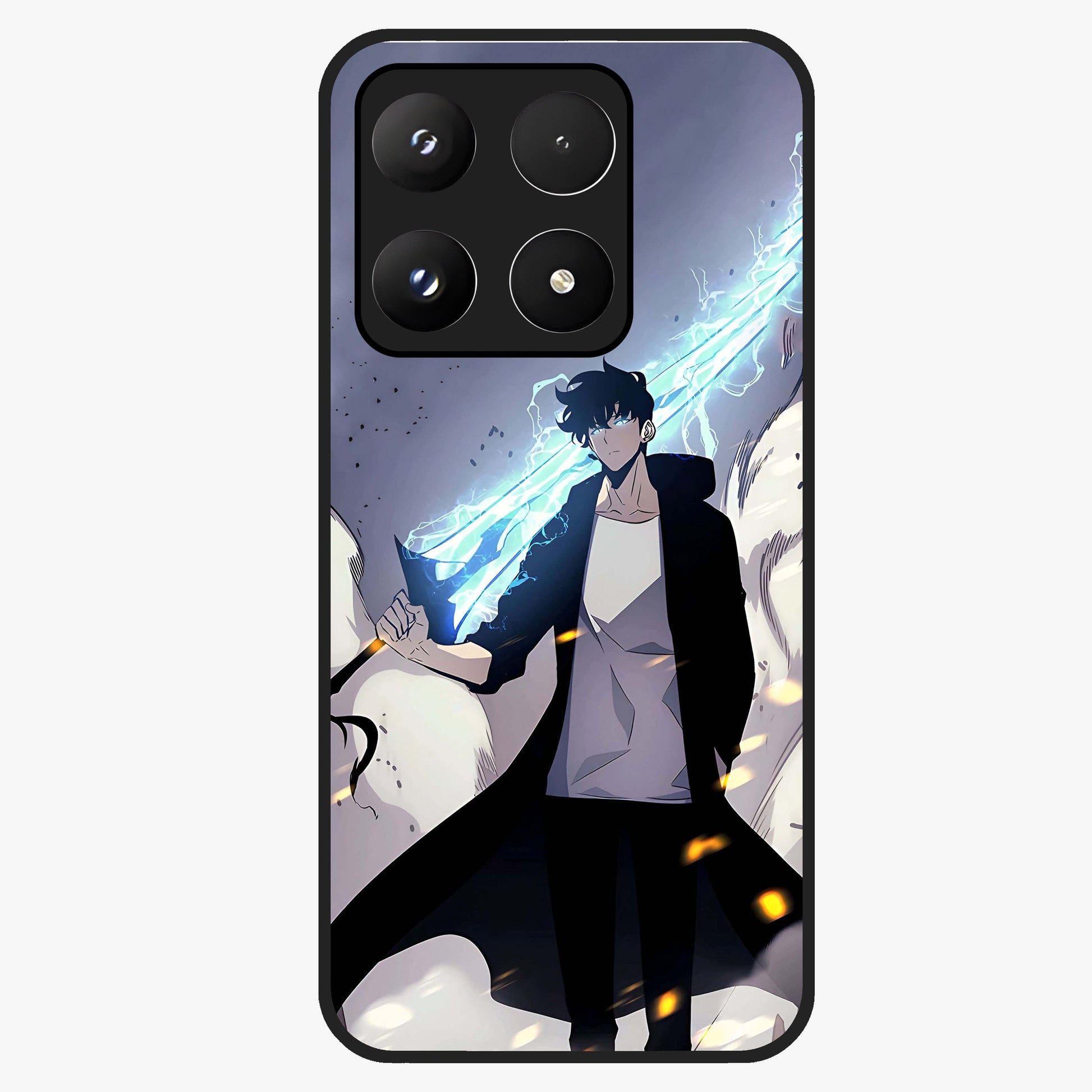 Dark Lightning Anime Warrior Glass Case showing flat back view with intense anime warrior artwork and glossy glass finish.