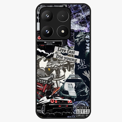 Die Young Glass Case showing flat back view with bold artistic typography design and glossy glass finish.