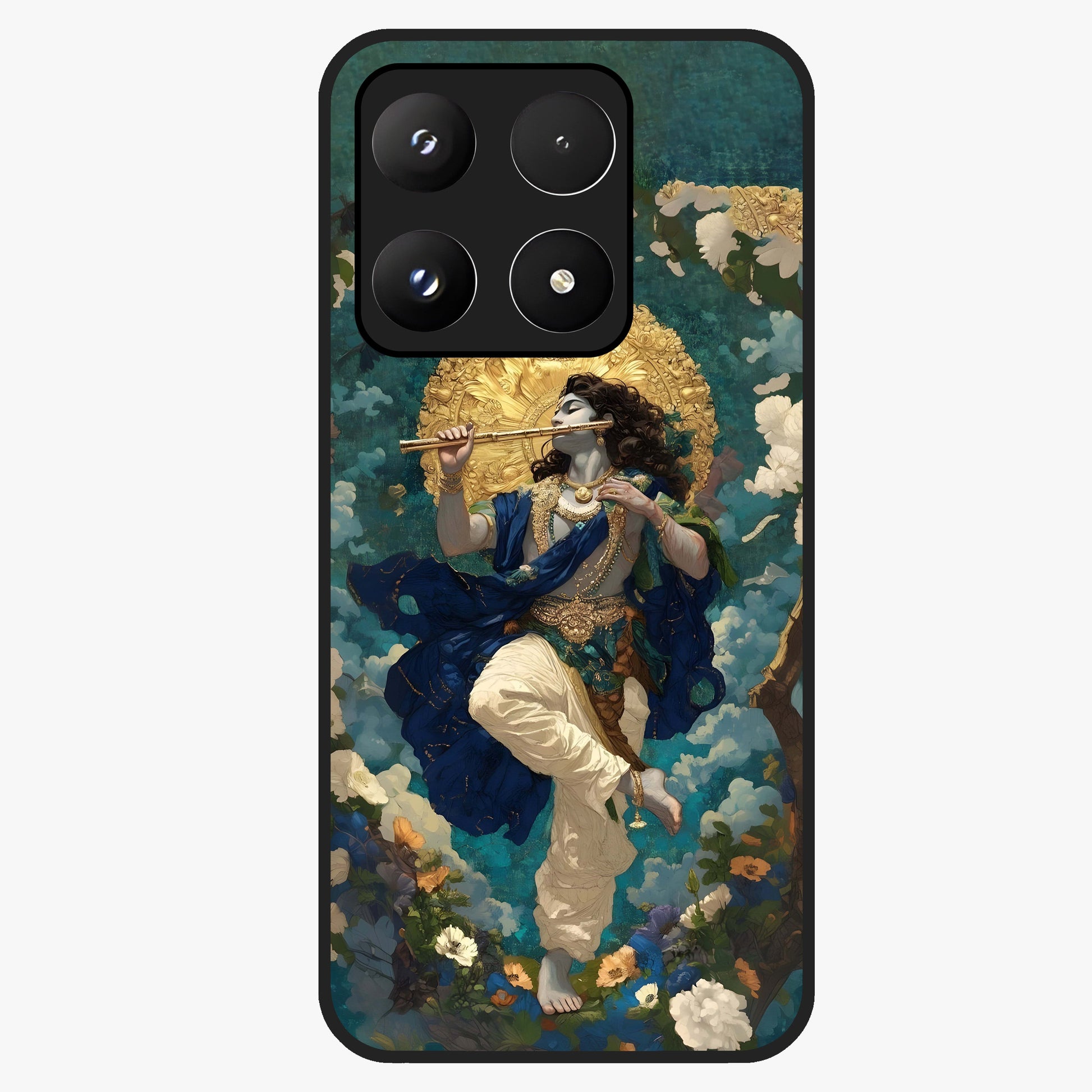 Divine Krishna Art Glass Case showing flat back view with Lord Krishna artwork and glossy glass finish.