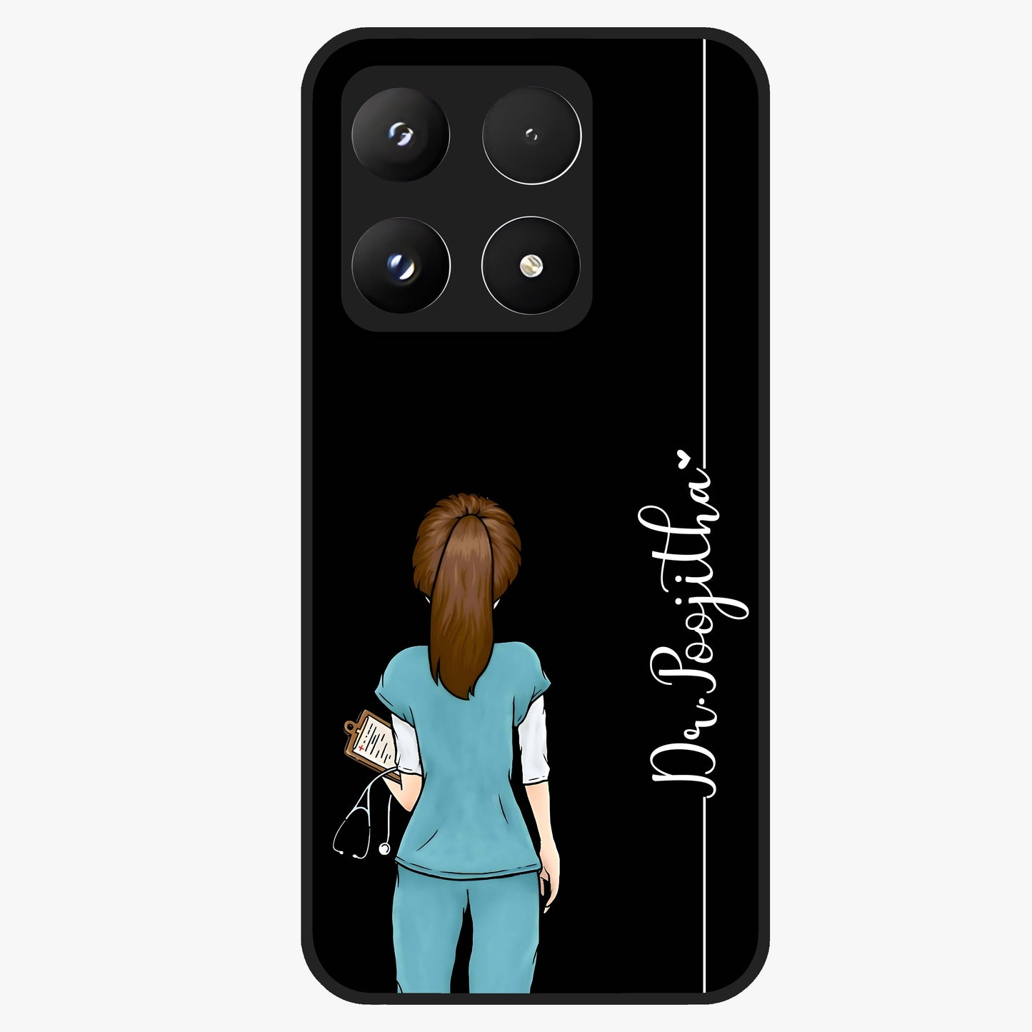 Doctor Pattern Custom Name Glass Case showing flat back view with medical themed pattern and personalized name design.