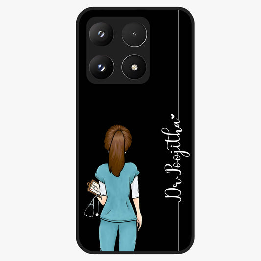 Doctor Pattern Custom Name Glass Case showing flat back view with medical themed pattern and personalized name design.