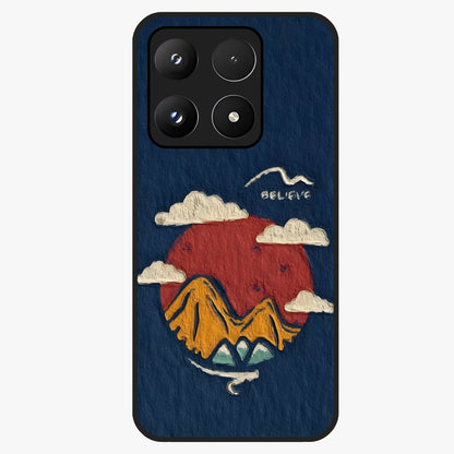 Dream Beyond Mountains Glass Case showing flat back view with scenic mountain landscape artwork and glossy glass finish.
