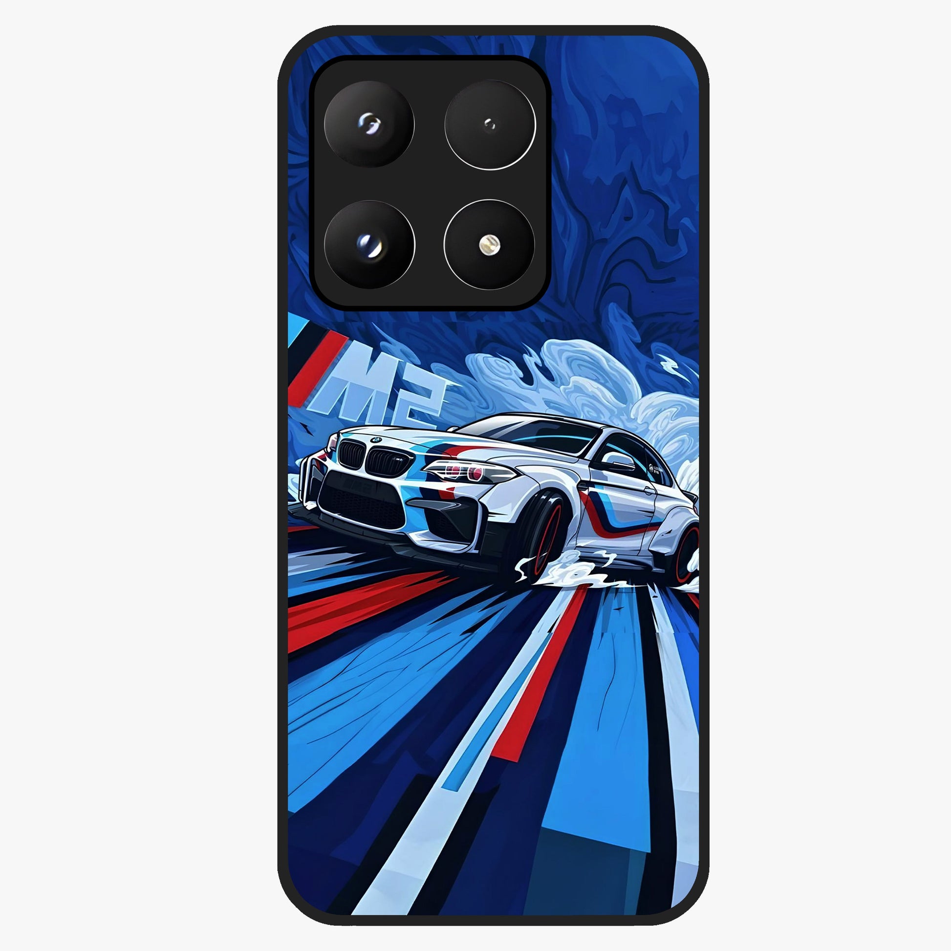 Drift Power Rush Glass Case showing flat back view with dynamic racing inspired artwork and glossy glass finish.