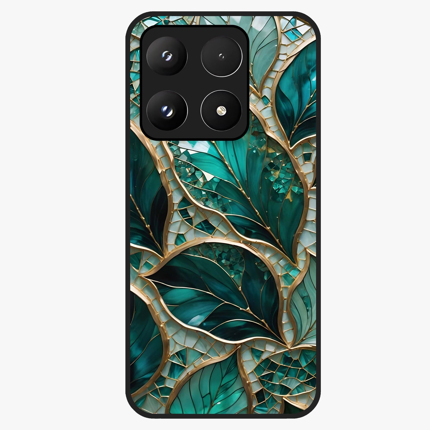 Emerald Leaf Glass Glass Case showing flat back view with emerald green leaf artwork and glossy glass finish.