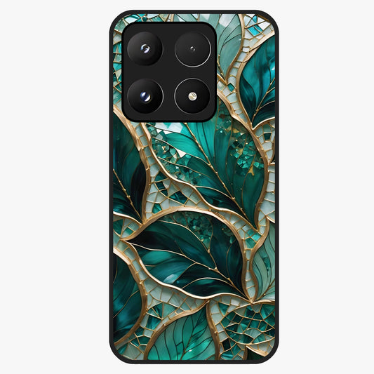 Emerald Leaf Glass Glass Case showing flat back view with emerald green leaf artwork and glossy glass finish.