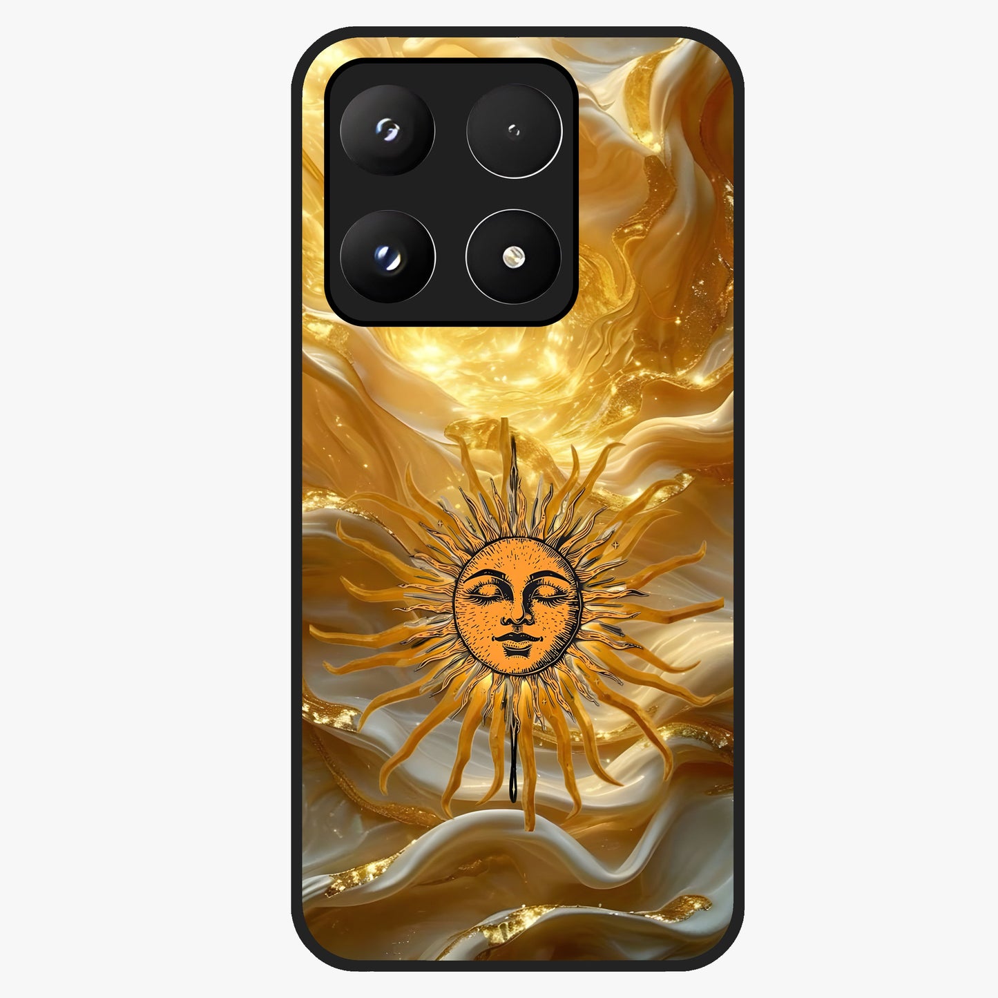 Eternal Golden Glow Glass Case showing flat back view with radiant golden themed artwork and glossy glass finish.