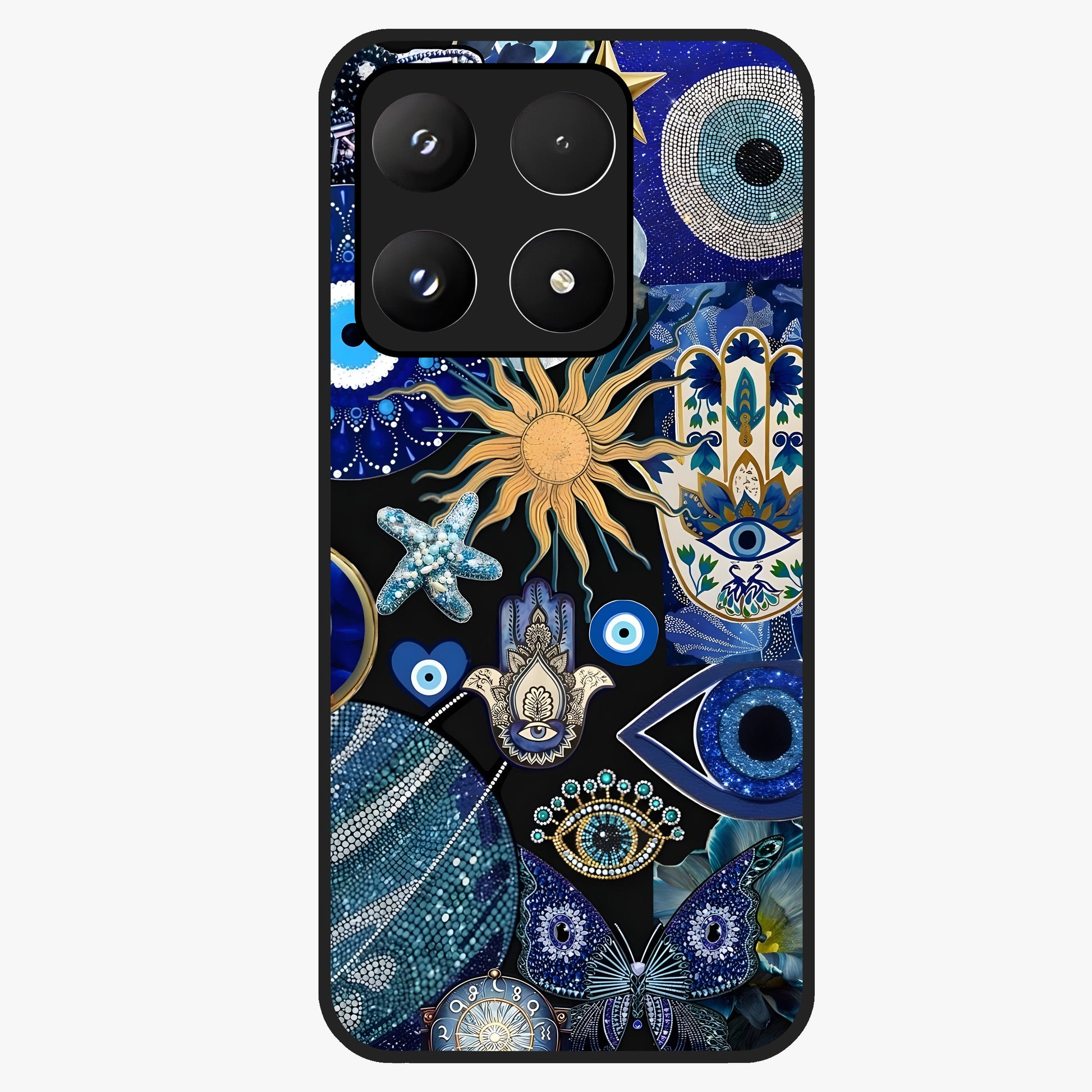 Evil Eye Charm Mix Glass Case showing flat back view with multiple evil eye charms artwork and glossy glass finish.