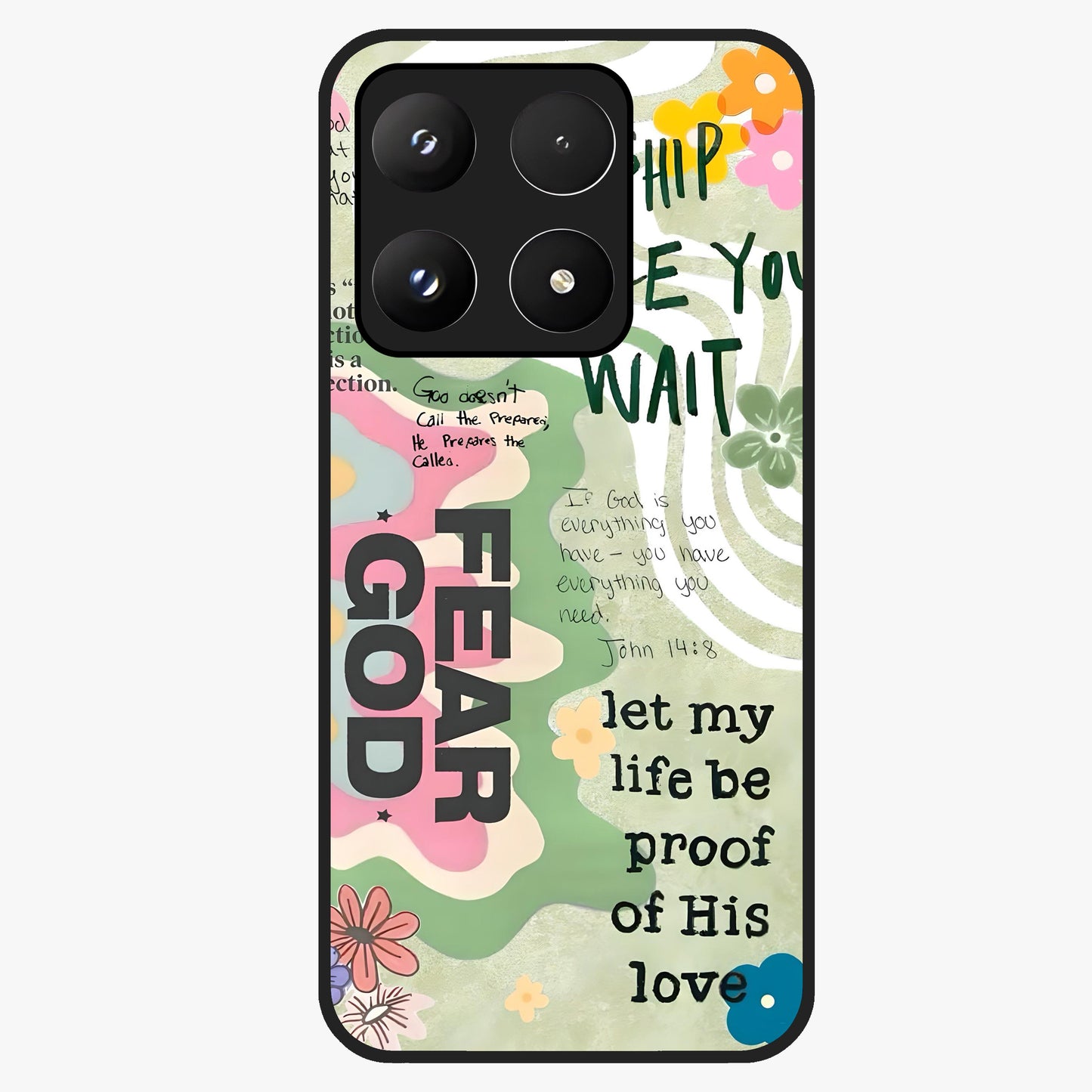 Faith Over Fear Glass Case showing flat back view with motivational typography artwork and glossy glass finish.