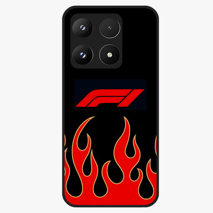 Fire F11 Glass Case showing flat back view with fiery themed artwork and glossy glass finish.