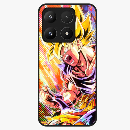 Firing Goku Glass Case showing flat back view with powerful anime inspired artwork and glossy glass finish.