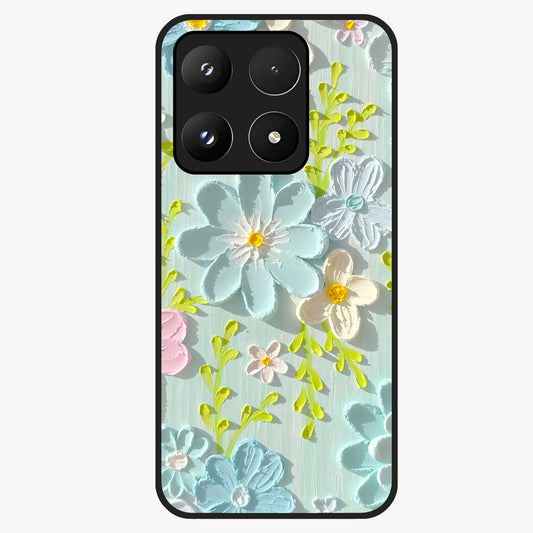 Frosted Petal Garden Glass Case showing flat back view with soft frosted floral artwork and glossy glass finish.
