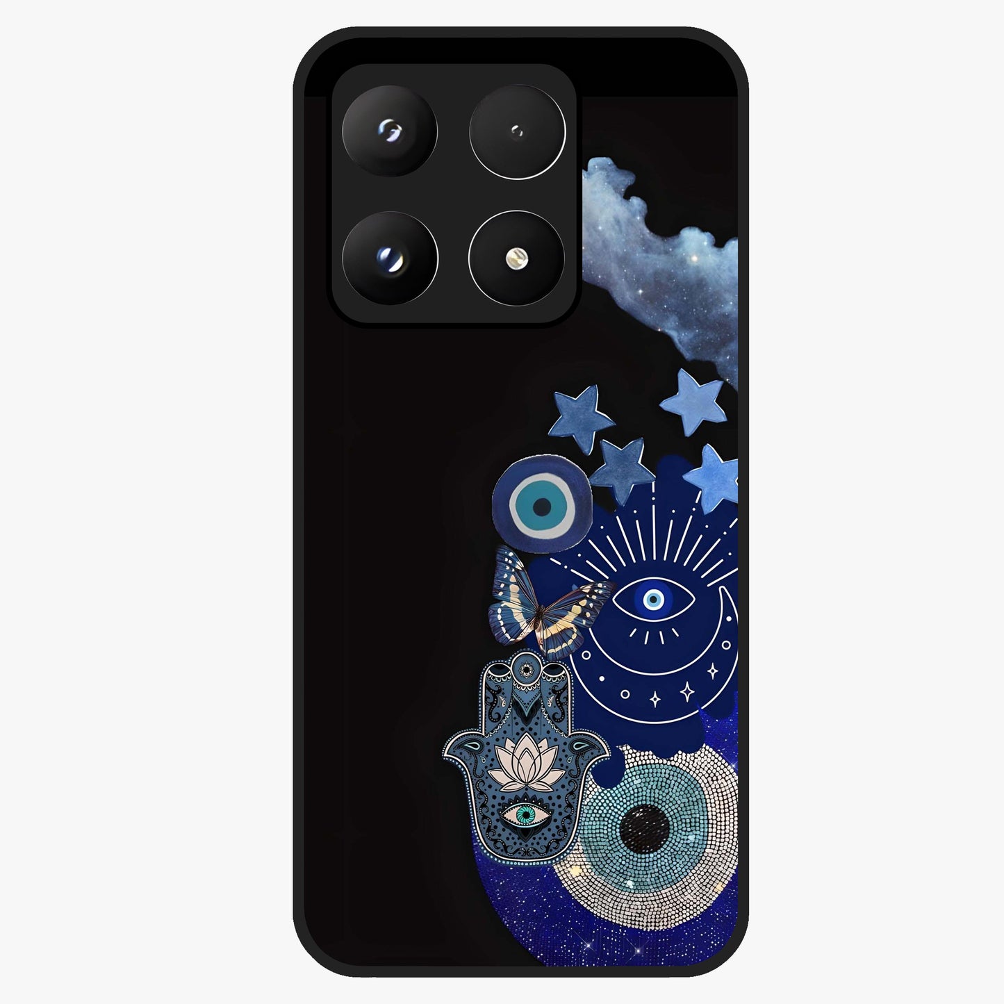 Galactic Charm Cluster Glass Case showing flat back view with glowing celestial charm artwork and glossy glass finish.