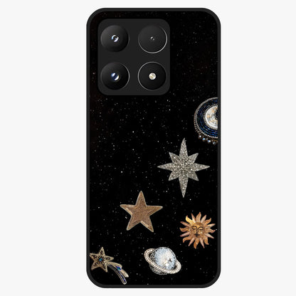 Galactic Charm Glow Glass Case showing flat back view with glowing celestial charm artwork and glossy glass finish.
