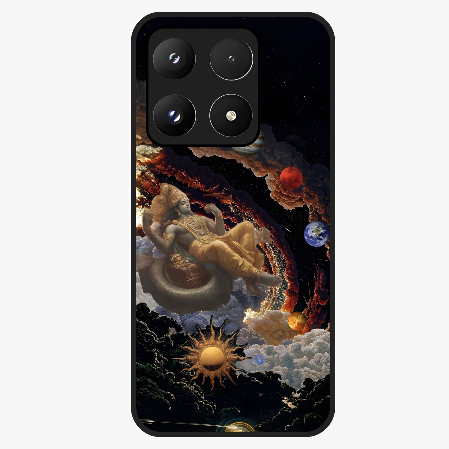 Galactic Divine God Glass Case showing flat back view with divine cosmic themed artwork and glossy glass finish.